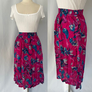 Vintage Midi Skirt Size 8 Pink Blue Floral A Line Pleated Button 80s 90s Retro